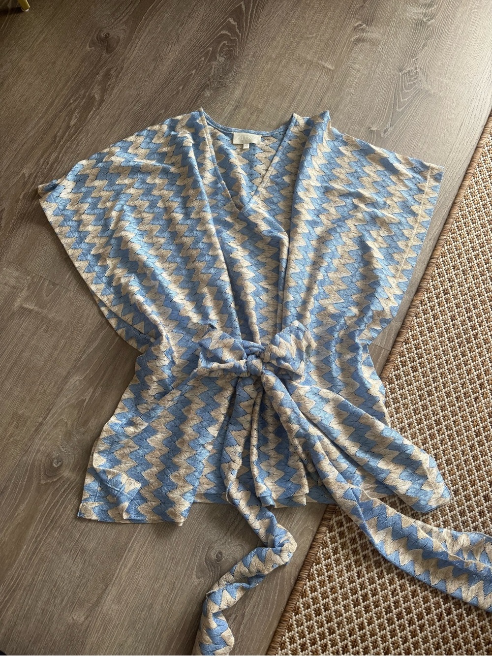 Vintage ALEXIS Blue Cream Chevron Knit Tie Mini Dress